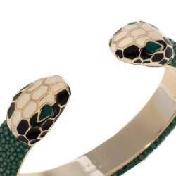 Bvlgari Green Galuchat Serpenti Forever Gold Plated Open Cuff Bracelet 