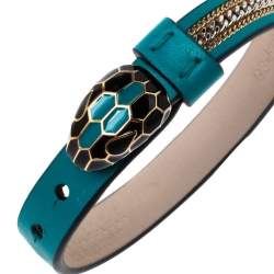 Pre Owned Bvlgari Serpenti Forever 3 Chain Motif Enamel Green Leather Gold Plated Bracelet
