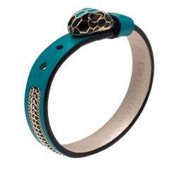 Pre Owned Bvlgari Serpenti Forever 3 Chain Motif Enamel Green Leather Gold Plated Bracelet