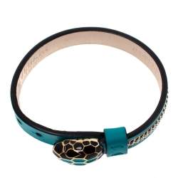 Pre Owned Bvlgari Serpenti Forever 3 Chain Motif Enamel Green Leather Gold Plated Bracelet