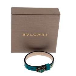 Pre Owned Bvlgari Serpenti Forever 3 Chain Motif Enamel Green Leather Gold Plated Bracelet