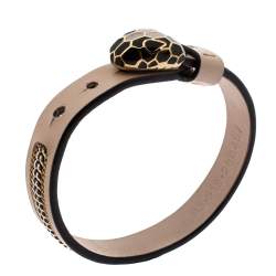 Pre Owned Bvlgari Serpenti Forever 3 Chain Motif Enamel Milky Opal Leather Gold Plated Bracelet