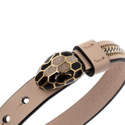 Pre Owned Bvlgari Serpenti Forever 3 Chain Motif Enamel Milky Opal Leather Gold Plated Bracelet