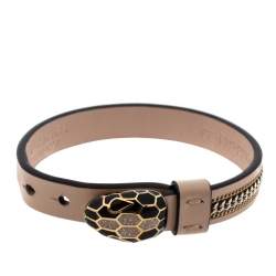 Pre Owned Bvlgari Serpenti Forever 3 Chain Motif Enamel Milky Opal Leather Gold Plated Bracelet