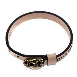 Pre Owned Bvlgari Serpenti Forever 3 Chain Motif Enamel Milky Opal Leather Gold Plated Bracelet
