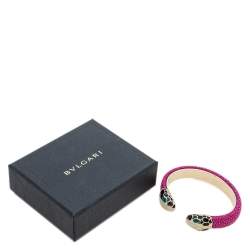 Pre Owned Bvlgari Serpenti Forever Pink Galuchat Leather Open Cuff Bracelet 15 cm