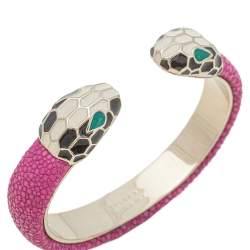 Pre Owned Bvlgari Serpenti Forever Pink Galuchat Leather Open Cuff Bracelet 15 cm