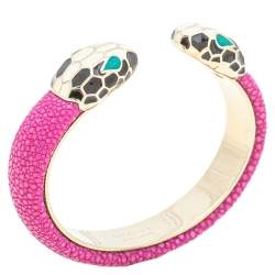 Pre Owned Bvlgari Serpenti Forever Pink Galuchat Leather Open Cuff Bracelet 15 cm