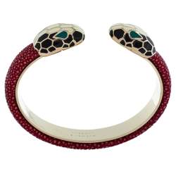 Pre Owned Bvlgari Serpenti Forever Red Galuchat Leather Open Cuff Bracelet