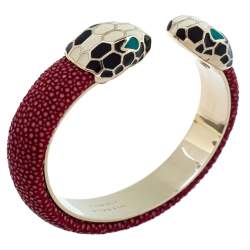 Pre Owned Bvlgari Serpenti Forever Red Galuchat Leather Open Cuff Bracelet