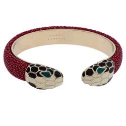 Pre Owned Bvlgari Serpenti Forever Red Galuchat Leather Open Cuff Bracelet