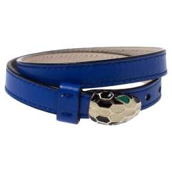 Pre Owned Bvlgari Serpenti Blue Leather Enamel Gold Plated Double Wrap Bracelet