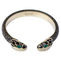 Bvlgari Serpenti Forever Brown Lizard Skin Gold Plated Open Cuff Bracelet 