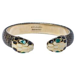Bvlgari Serpenti Forever Brown Lizard Skin Gold Plated Open Cuff Bracelet 