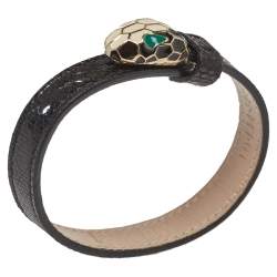 Pre Owned Bvlgari Black Karung Leather Gold Plated Serpenti Bracelet