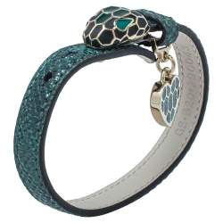 Bvlgari Serpenti Forever Metallic Emerald Karung Leather Heart Charm Bracelet