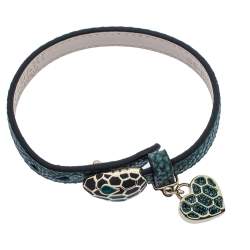 Bvlgari Serpenti Forever Metallic Emerald Karung Leather Heart Charm Bracelet