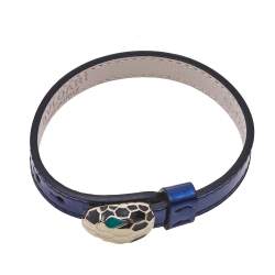 Pre Owned Bvlgari Metallic Blue Leather Serpenti Forever Bracelet