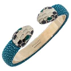 Pre Owned Bvlgari Blue Galuchat Leather Serpenti Forever Open Cuff Bracelet