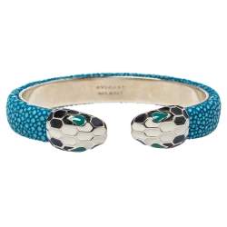 Pre Owned Bvlgari Blue Galuchat Leather Serpenti Forever Open Cuff Bracelet