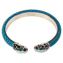 Pre Owned Bvlgari Blue Galuchat Leather Serpenti Forever Open Cuff Bracelet