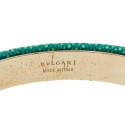 Pre Owned Bvlgari Serpenti Forever Green Galuchat Leather Gold Plated Open Cuff Bracelet