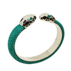 Pre Owned Bvlgari Serpenti Forever Green Galuchat Leather Gold Plated Open Cuff Bracelet