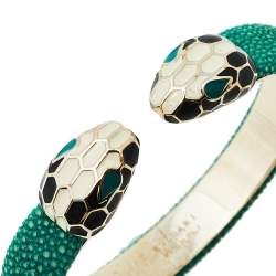 Pre Owned Bvlgari Serpenti Forever Green Galuchat Leather Gold Plated Open Cuff Bracelet