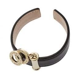 Bvlgari Black Leather Interlocking Circles Charm Open Cuff Bracelet