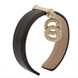 Bvlgari Black Leather Interlocking Circles Charm Open Cuff Bracelet