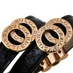 Pre Owned Bvlgari Black Snakeskin Leather Gold Tone Double Wrap Bracelet