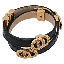 Pre Owned Bvlgari Black Snakeskin Leather Gold Tone Double Wrap Bracelet