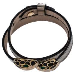Pre Owned Bvlgari Serpenti Forever Metallic Silver Leather Gold Plated Double Wrap Bracelet