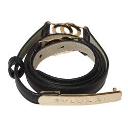 Pre Owned Bvlgari Black Leather Double Ring Buckle Slim Belt 90 CM