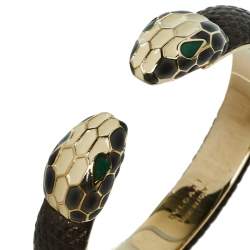 Pre Owned Bvlgari Serpenti Forever Metallic Brown Embossed Leather Open Cuff Bracelet