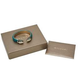 Pre Owned Bvlgari Serpenti Forever Green Karung Leather Open Cuff Bracelet