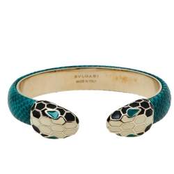 Pre Owned Bvlgari Serpenti Forever Green Karung Leather Open Cuff Bracelet
