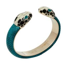 Pre Owned Bvlgari Serpenti Forever Green Karung Leather Open Cuff Bracelet