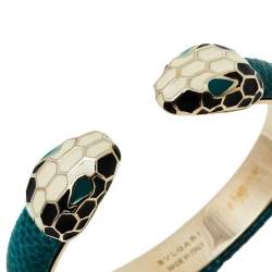 Pre Owned Bvlgari Serpenti Forever Green Karung Leather Open Cuff Bracelet