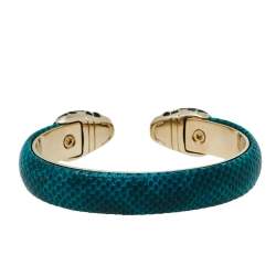 Pre Owned Bvlgari Serpenti Forever Green Karung Leather Open Cuff Bracelet