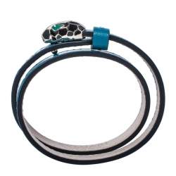 Pre Owned Bvlgari Teal Blue Leather Serpenti Forever Double Wrap Bracelet