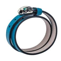 Pre Owned Bvlgari Teal Blue Leather Serpenti Forever Double Wrap Bracelet