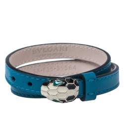 Pre Owned Bvlgari Teal Blue Leather Serpenti Forever Double Wrap Bracelet