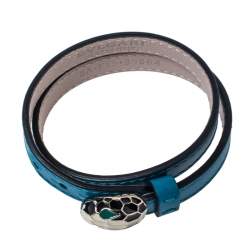 Pre Owned Bvlgari Teal Blue Leather Serpenti Forever Double Wrap Bracelet