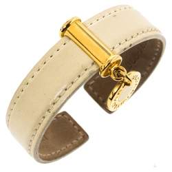 Bvlgari Cream Leather Logo Charm Open Cuff Bracelet