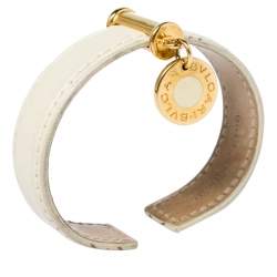Bvlgari Cream Leather Logo Charm Open Cuff Bracelet