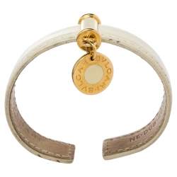 Bvlgari Cream Leather Logo Charm Open Cuff Bracelet