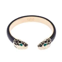 Pre Owned Bvlgari Serpenti Forever Navy Blue Karung Leather Open Cuff Bracelet