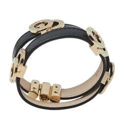 Pre Owned Bvlgari Black Leather Gold Tone Double Coiled Wrap Bracelet
