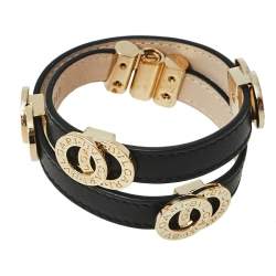 Pre Owned Bvlgari Black Leather Gold Tone Double Coiled Wrap Bracelet